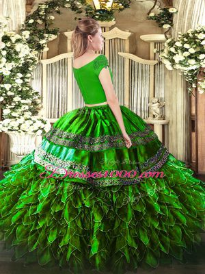 Fancy Off The Shoulder Short Sleeves 15 Quinceanera Dress Floor Length Ruffles Rust Red Organza