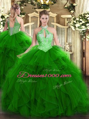 Floor Length Green 15 Quinceanera Dress Halter Top Sleeveless Lace Up