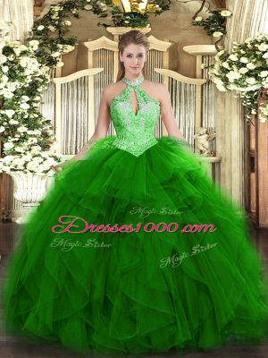 Floor Length Green 15 Quinceanera Dress Halter Top Sleeveless Lace Up