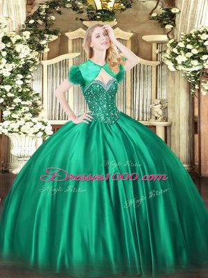 Simple Floor Length Lace Up Quinceanera Gowns Turquoise for Military Ball and Sweet 16 and Quinceanera with Beading