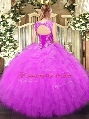 Captivating Tulle Scoop Sleeveless Lace Up Beading and Ruffles Sweet 16 Dresses in