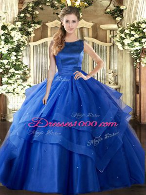 Sleeveless Tulle Floor Length Lace Up Quinceanera Dresses in Blue with Ruffled Layers