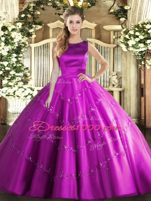 Fantastic Fuchsia Tulle Lace Up Scoop Sleeveless Floor Length Quince Ball Gowns Appliques