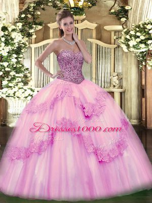 Dazzling Floor Length Pink Sweet 16 Dress Sweetheart Sleeveless Lace Up