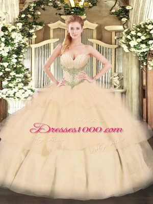 Champagne Lace Up Quinceanera Gown Beading and Ruffled Layers Sleeveless Floor Length