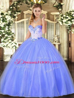 Stylish Blue Ball Gowns Beading Quince Ball Gowns Lace Up Tulle Sleeveless Floor Length