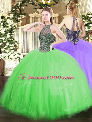 Decent Halter Top Sleeveless Tulle Quinceanera Gown Beading Lace Up