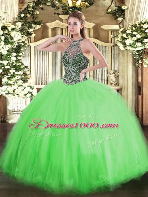 Decent Halter Top Sleeveless Tulle Quinceanera Gown Beading Lace Up