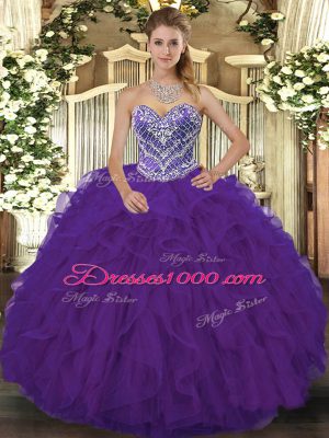 Purple Lace Up Sweet 16 Dresses Beading and Ruffled Layers Sleeveless Floor Length