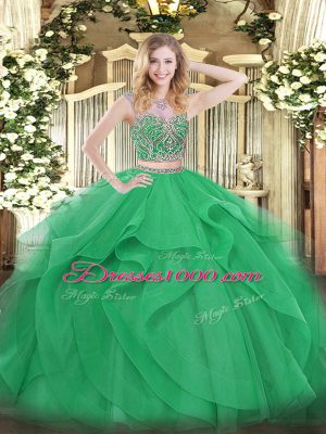 Green Lace Up Scoop Beading and Ruffles Quince Ball Gowns Tulle Sleeveless