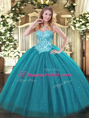 Gorgeous Floor Length Teal 15 Quinceanera Dress Tulle and Sequined Sleeveless Appliques