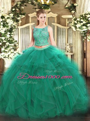 Sophisticated Turquoise Lace Up 15th Birthday Dress Beading and Ruffles Sleeveless Floor Length