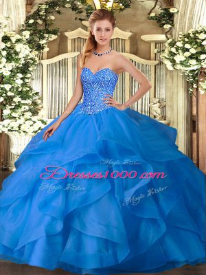 Customized Sleeveless Floor Length Appliques and Ruffles Lace Up Quince Ball Gowns with Blue