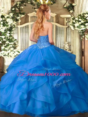 Customized Sleeveless Floor Length Appliques and Ruffles Lace Up Quince Ball Gowns with Blue