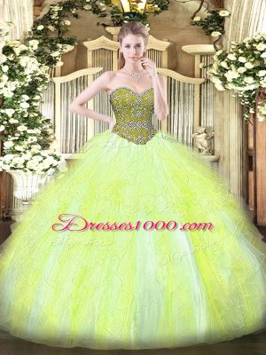 Fantastic Yellow Green Tulle Lace Up Vestidos de Quinceanera Sleeveless Floor Length Beading and Ruffles