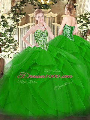 Shining Green Sleeveless Floor Length Beading and Ruffles Lace Up Ball Gown Prom Dress