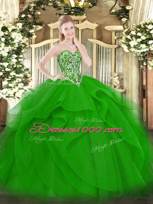 Shining Green Sleeveless Floor Length Beading and Ruffles Lace Up Ball Gown Prom Dress
