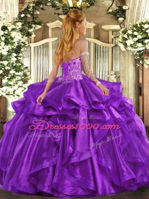 Sweetheart Sleeveless Ball Gown Prom Dress Floor Length Embroidery and Ruffles Purple Organza