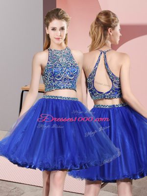 Sleeveless Tulle Mini Length Criss Cross Juniors Party Dress in Blue with Beading