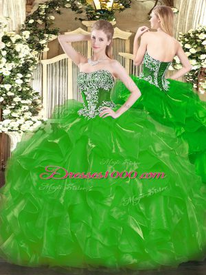 Shining Floor Length Lace Up 15th Birthday Dress Green for Military Ball and Sweet 16 and Quinceanera with Beading and Ruffles