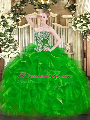 Shining Floor Length Lace Up 15th Birthday Dress Green for Military Ball and Sweet 16 and Quinceanera with Beading and Ruffles