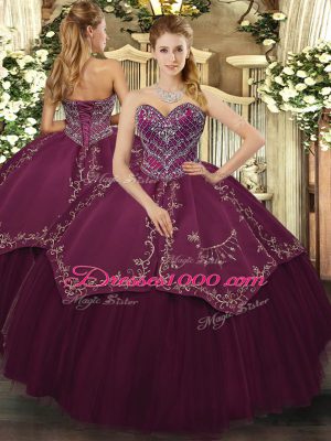 Floor Length Lace Up Quince Ball Gowns Burgundy for Military Ball and Sweet 16 and Quinceanera with Beading and Pattern