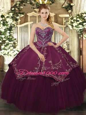 Floor Length Lace Up Quince Ball Gowns Burgundy for Military Ball and Sweet 16 and Quinceanera with Beading and Pattern