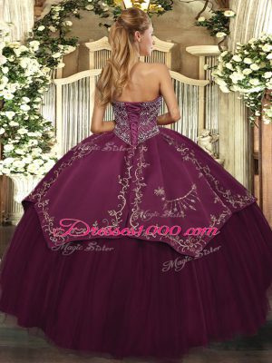 Floor Length Lace Up Quince Ball Gowns Burgundy for Military Ball and Sweet 16 and Quinceanera with Beading and Pattern