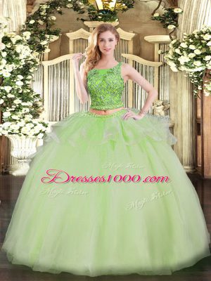 Yellow Green Sleeveless Floor Length Beading Lace Up Quince Ball Gowns