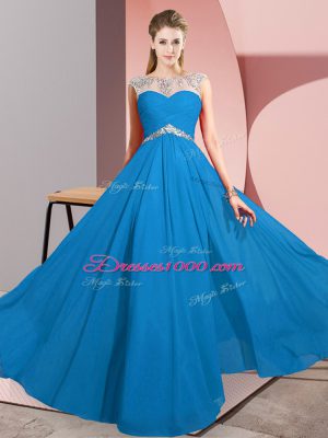 Blue Scoop Neckline Beading Prom Dresses Sleeveless Clasp Handle