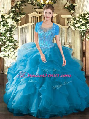 Custom Made Teal Sleeveless Beading and Ruffled Layers Floor Length Quince Ball Gowns