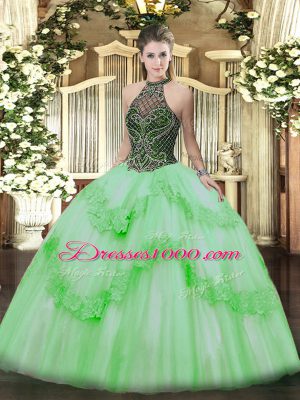 Designer Sleeveless Floor Length Beading and Appliques Lace Up Sweet 16 Dress with