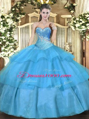 Top Selling Aqua Blue Tulle Lace Up Quince Ball Gowns Sleeveless Floor Length Beading and Ruffled Layers