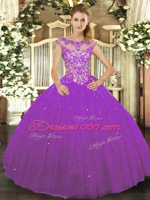 Floor Length Lace Up Sweet 16 Quinceanera Dress Eggplant Purple for Sweet 16 and Quinceanera with Beading and Appliques