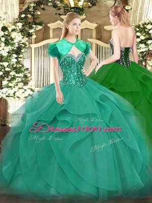 High End Sleeveless Floor Length Beading and Ruffles Lace Up Quince Ball Gowns with Turquoise