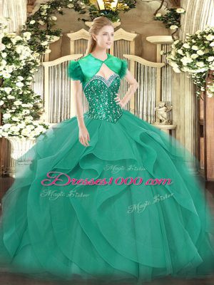 High End Sleeveless Floor Length Beading and Ruffles Lace Up Quince Ball Gowns with Turquoise