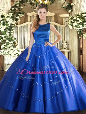 Great Blue Sleeveless Floor Length Appliques Lace Up Quince Ball Gowns