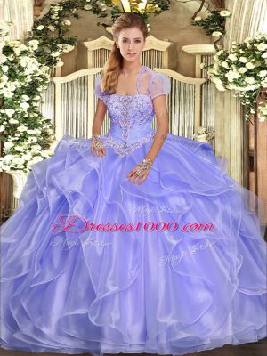 Floor Length Lavender Sweet 16 Quinceanera Dress Organza Sleeveless Appliques and Ruffles