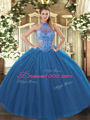 Navy Blue Lace Up Vestidos de Quinceanera Beading and Embroidery Sleeveless Floor Length