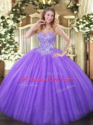 Unique Sleeveless Tulle and Sequined Floor Length Lace Up Quinceanera Gowns in Lavender with Appliques
