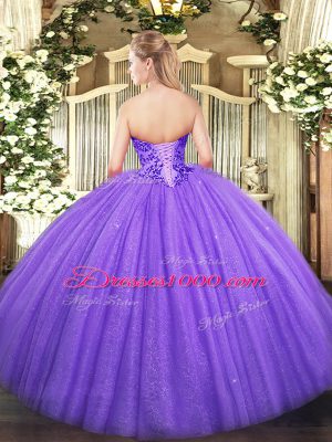 Unique Sleeveless Tulle and Sequined Floor Length Lace Up Quinceanera Gowns in Lavender with Appliques