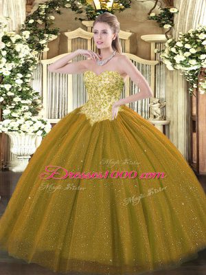 Brown Ball Gowns Sweetheart Sleeveless Tulle and Sequined Floor Length Lace Up Appliques Sweet 16 Quinceanera Dress