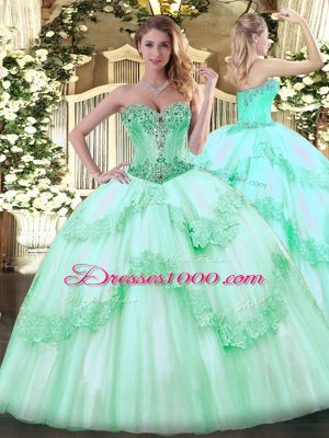 Apple Green Lace Up Sweetheart Beading and Appliques Quinceanera Gown Tulle Sleeveless