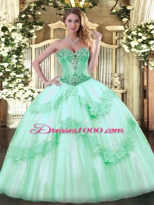 Apple Green Lace Up Sweetheart Beading and Appliques Quinceanera Gown Tulle Sleeveless
