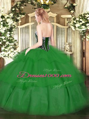 Green Tulle Lace Up Sweetheart Sleeveless Floor Length Sweet 16 Quinceanera Dress Beading and Ruffled Layers