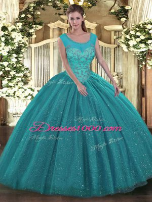 Admirable Floor Length Teal Sweet 16 Quinceanera Dress Tulle and Sequined Sleeveless Beading