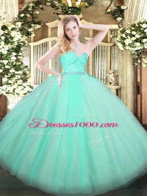 Apple Green Tulle Zipper 15th Birthday Dress Sleeveless Floor Length Beading and Lace