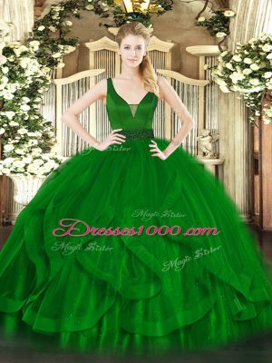 Colorful Beading and Ruffles Quince Ball Gowns Dark Green Zipper Sleeveless Floor Length