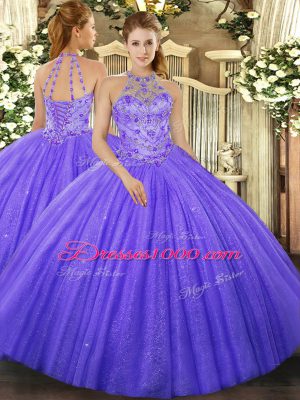 Tulle Halter Top Sleeveless Lace Up Beading and Embroidery Quinceanera Dresses in Lavender