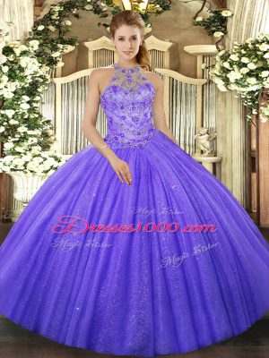 Tulle Halter Top Sleeveless Lace Up Beading and Embroidery Quinceanera Dresses in Lavender